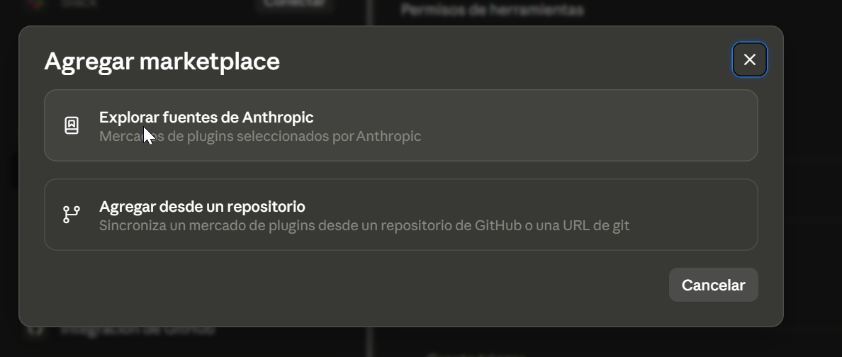 Diálogo Agregar marketplace con las fuentes de Anthropic