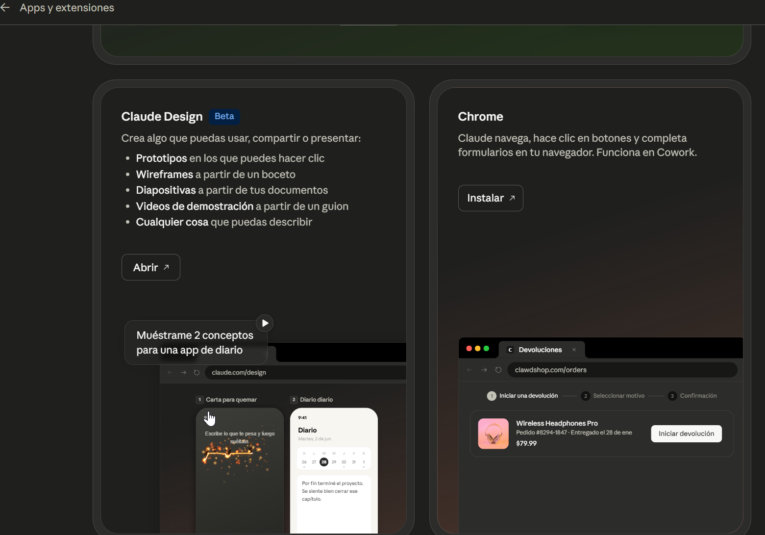 Pantalla de apps y extensiones con la tarjeta de Chrome