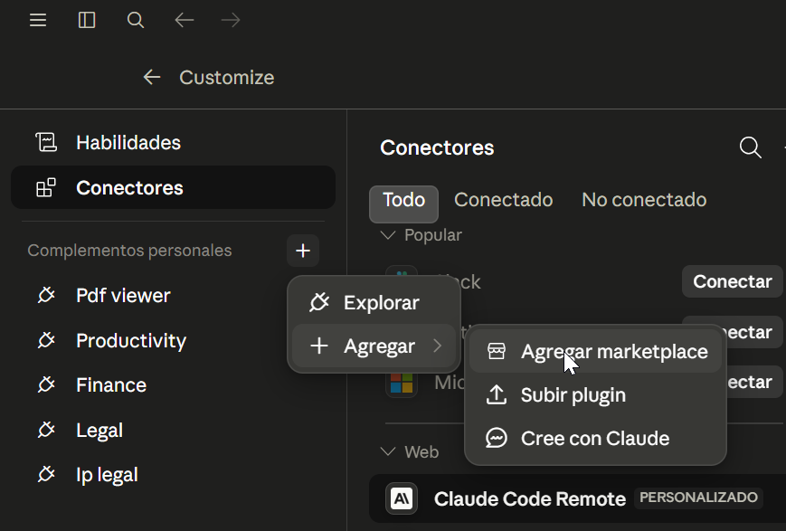 Menú para agregar un marketplace de plugins