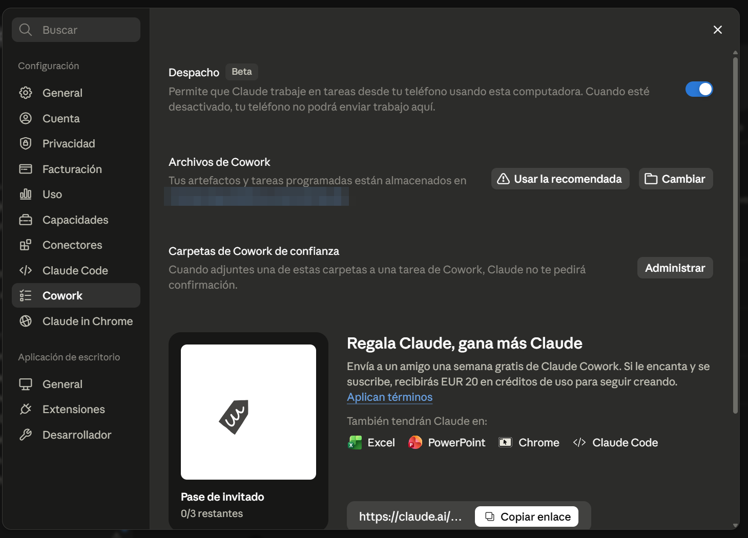 Ajustes de Cowork con el interruptor de Despacho activado