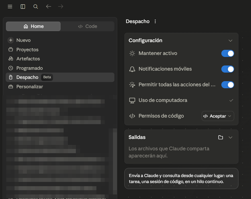 Panel de Despacho en Cowork con su configuración y la zona de salidas