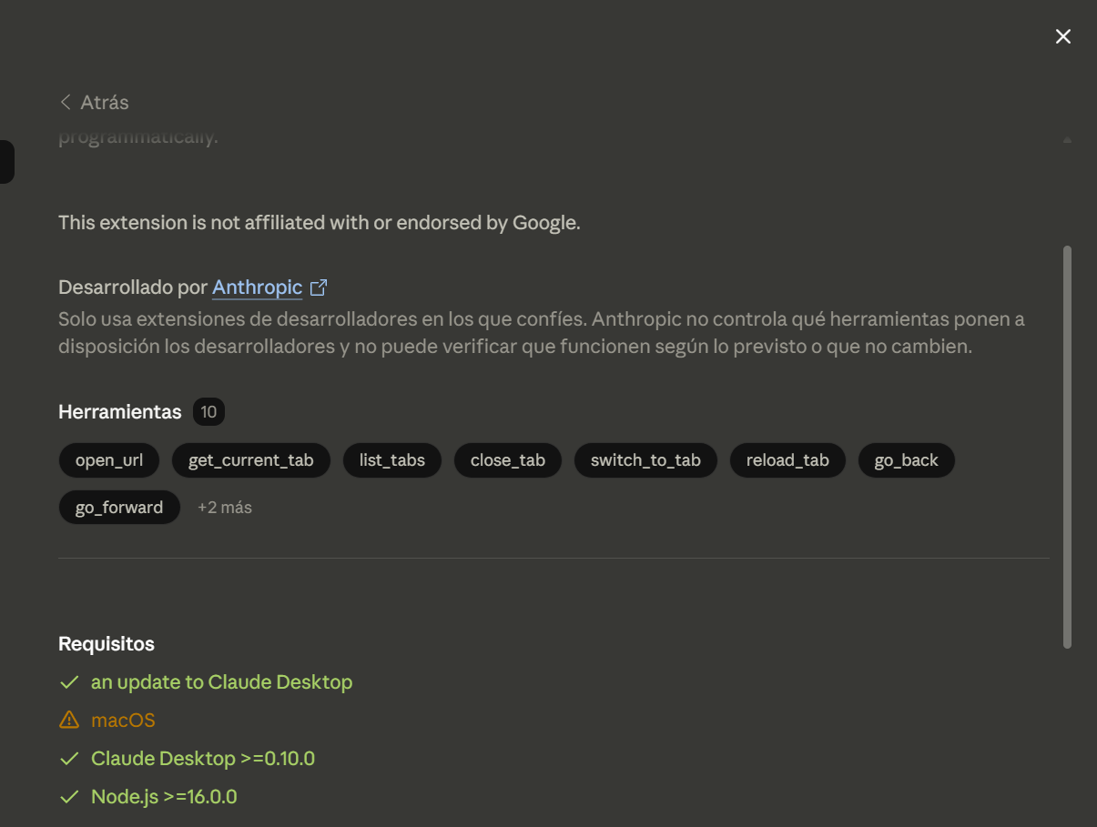 Detalle de la extensión de Chrome con sus herramientas y requisitos