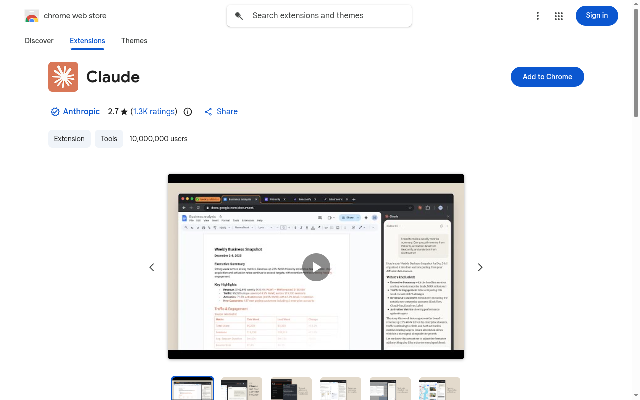 Ficha oficial de la extensión Claude en la Chrome Web Store, editor Anthropic verificado