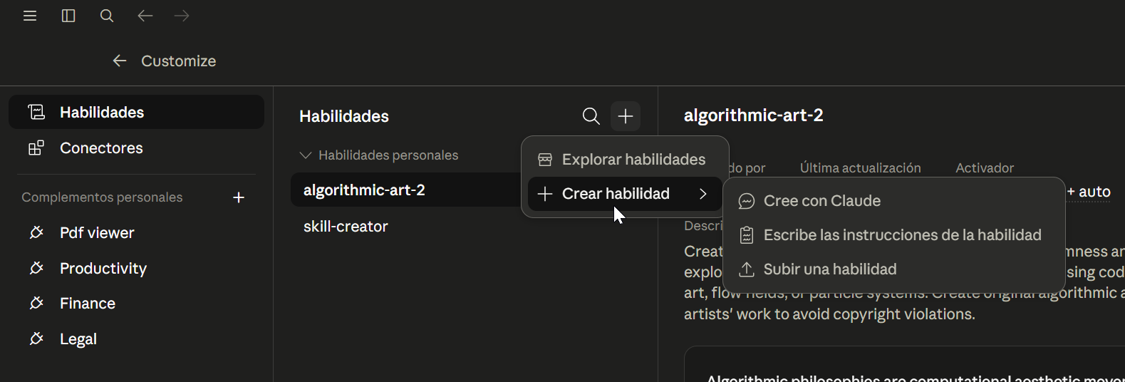 Panel de habilidades con las opciones de crear