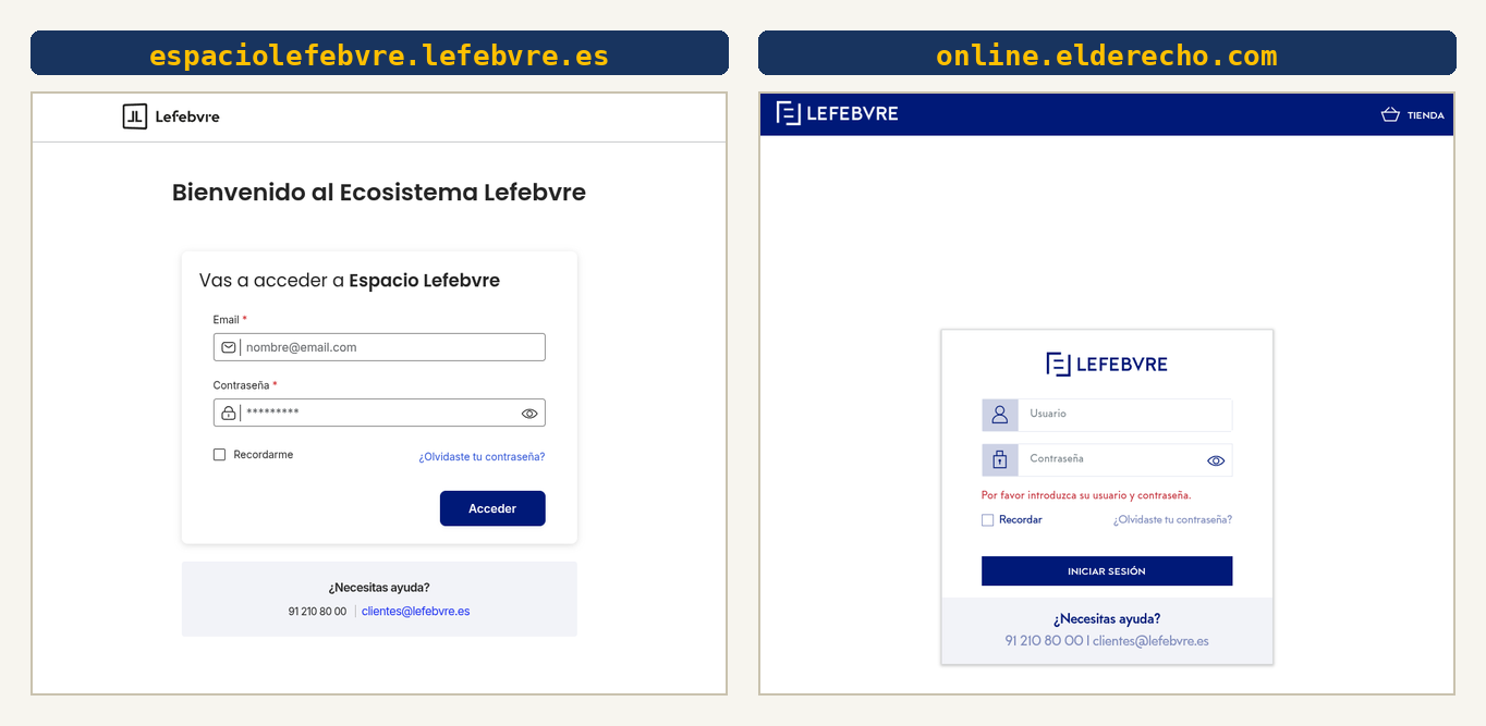 Las dos pantallas de acceso de Lefebvre lado a lado: Espacio Lefebvre y El Derecho, cada una con su propio formulario