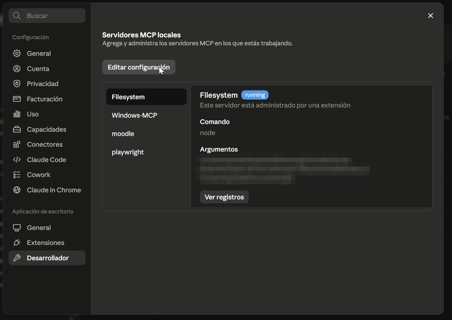 Panel de servidores MCP locales con Filesystem en ejecución