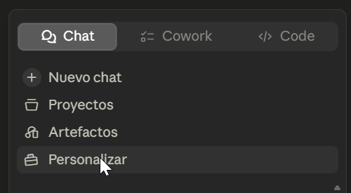 Menú de la pestaña Chat con la opción Personalizar