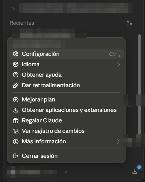 Menú de cuenta con la opción Configuración