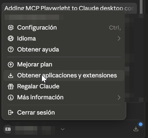 Menú de cuenta con Obtener aplicaciones y extensiones resaltado