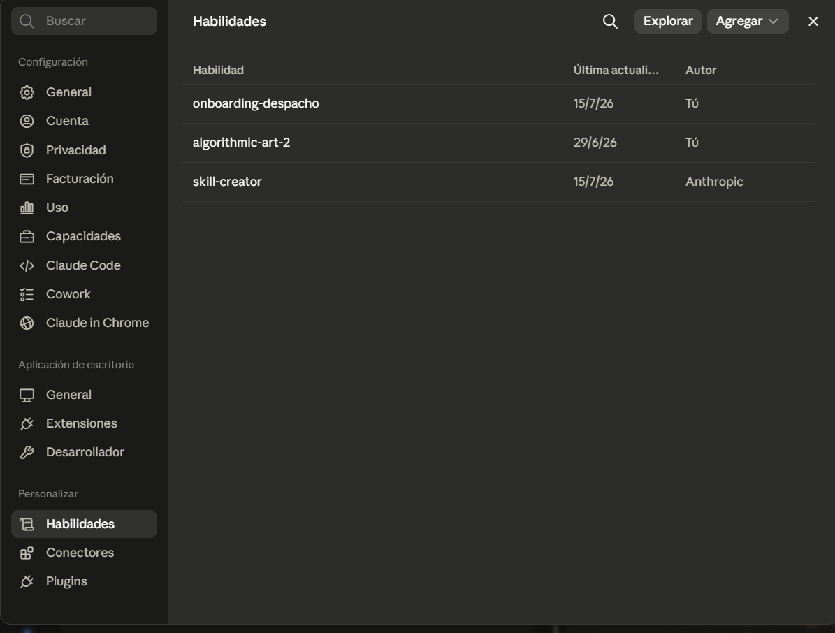 Lista de habilidades con onboarding-despacho instalada y autor Tú