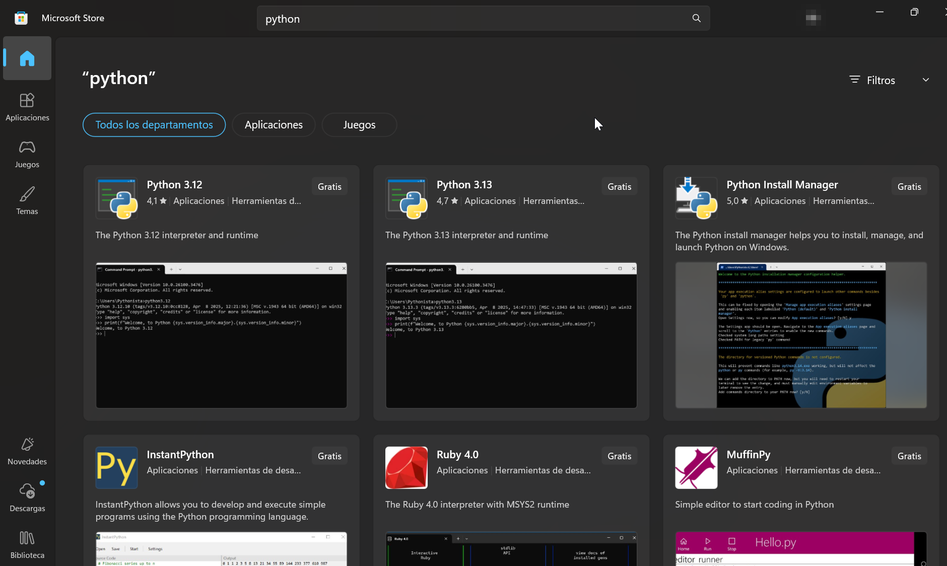 Resultados de buscar python en la Microsoft Store, con Python 3.13 entre ellos